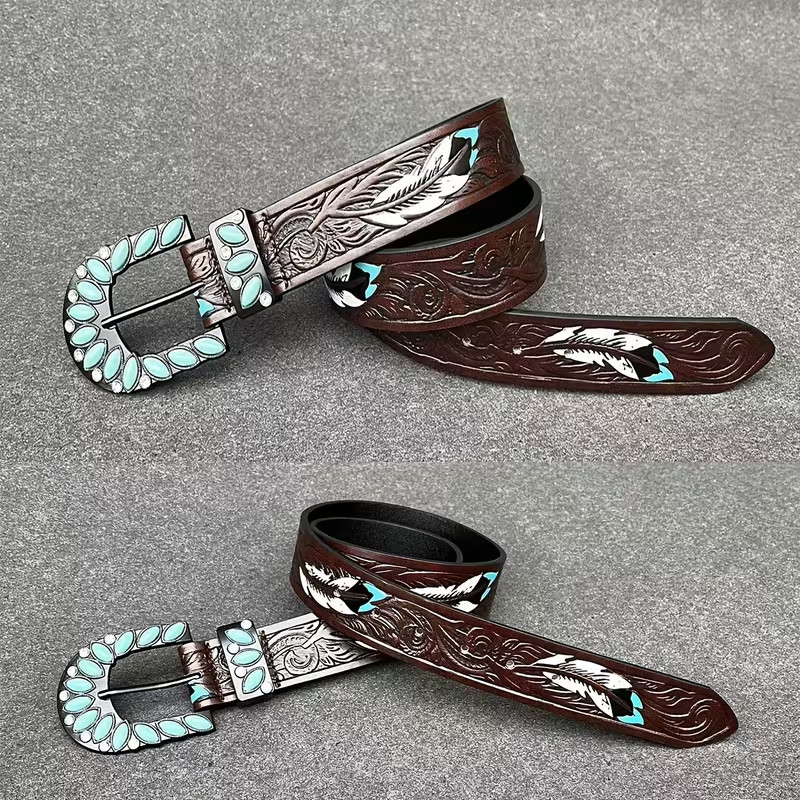 WOMEN MEN WESTERN BROWN LEATHER BELT TURQUOISE Med/large belt length is 47in NEW