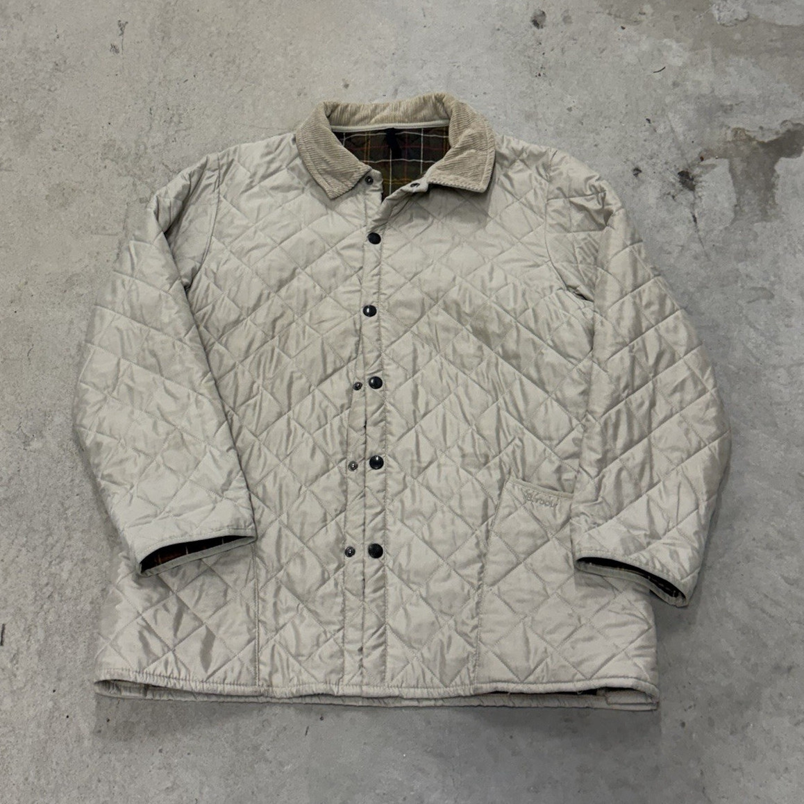 Barbour Men’s XL Beige Quilted Jacket Full Zip Button Front Point Collar