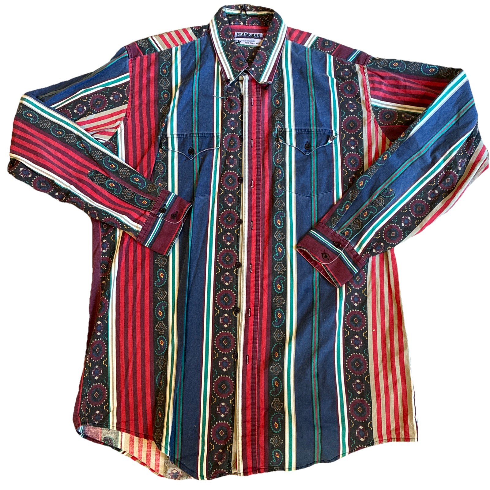Vintage Plainsman Brushpopper Western Cowboy Shirt Aztec USA Made Read Has Rip