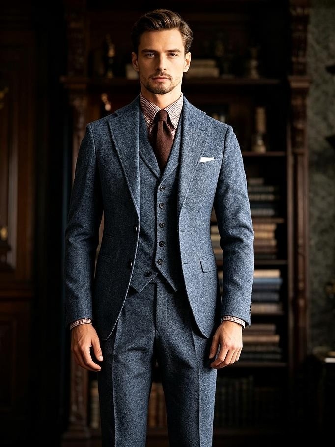 Men’s Blue Woolen Tweed Retro Party Ball Groom Tailcoat Wedding Suit Men’s Suit