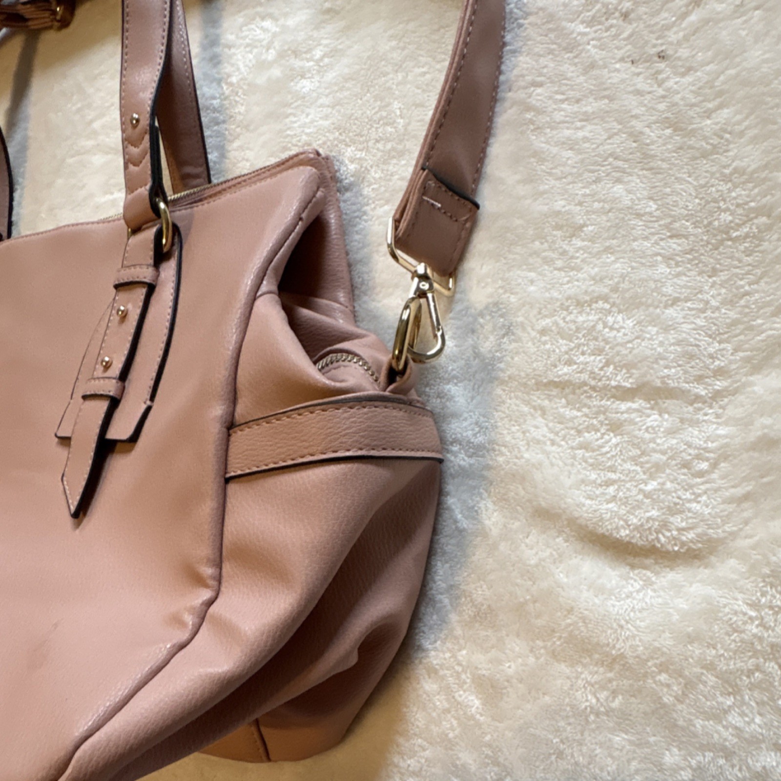Blush Pink Shoulder Bag Gold Hardware Buckle Accent Zipper Detachable Strap