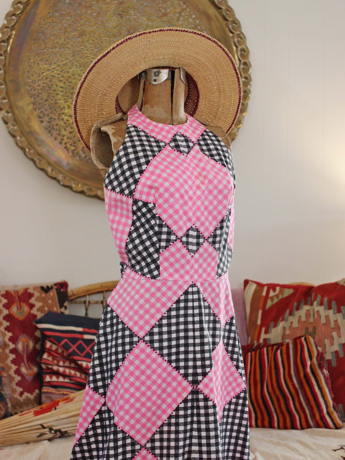 VTG 1960s Cotton Gingham Check Print Pink Black White Halter Maxi Party Dress