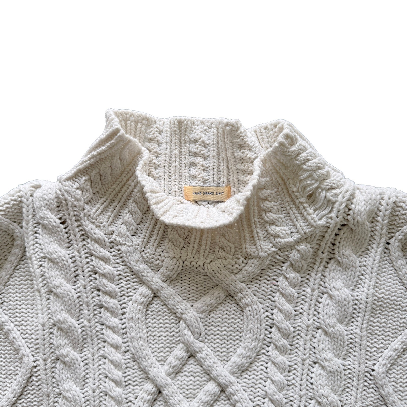 Hand Frame Knit Cream Cable Knit Mock Neck Sweater Womens Fisherman Cotton M