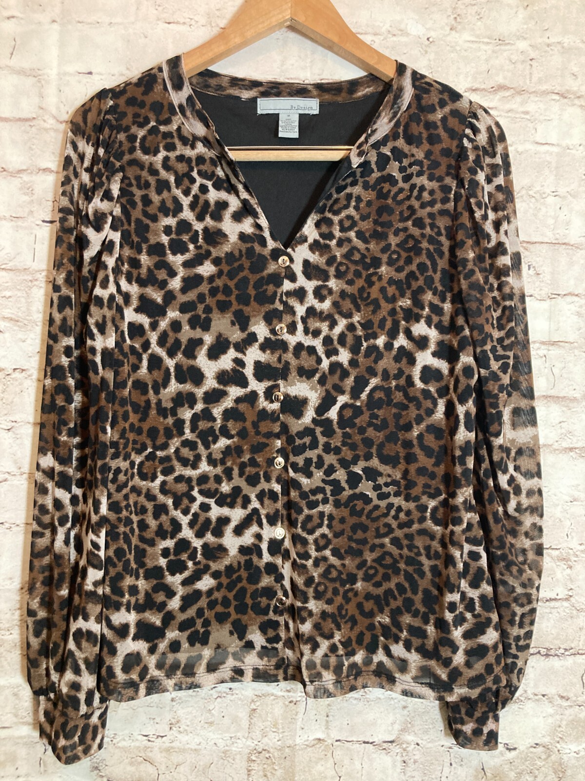 By Design Top Womens Medium Brown Cheetah Leopard Mesh Button Front Stretch