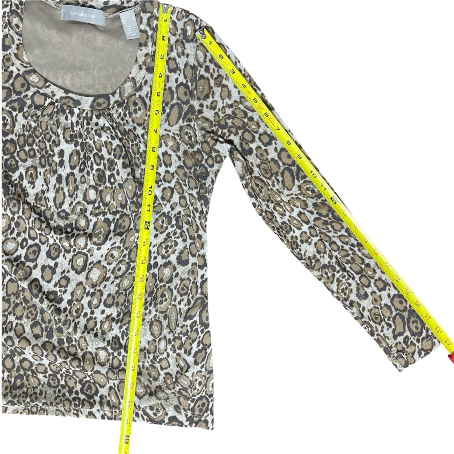 Liz Claiborne Leopard Animal Print Mesh Blouse Sheer Sleeves Stretch Knit, S