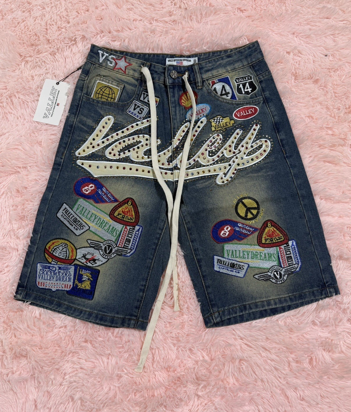 Valley Blue Denim Bermuda Shorts Rhinestone Logo Patches 5-Pocket Size S NWT