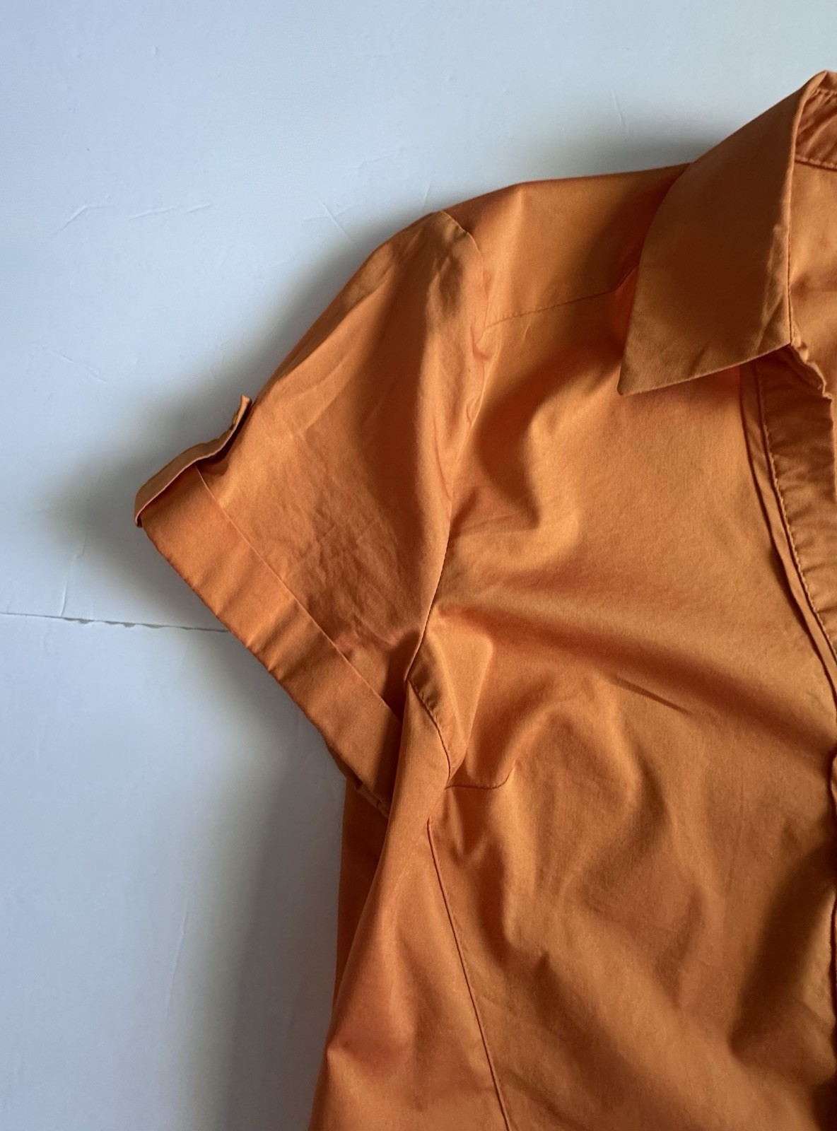 7th Avenue NYC S Orange Button Front Blouse Top Stretch Work Shirt Short Sleev