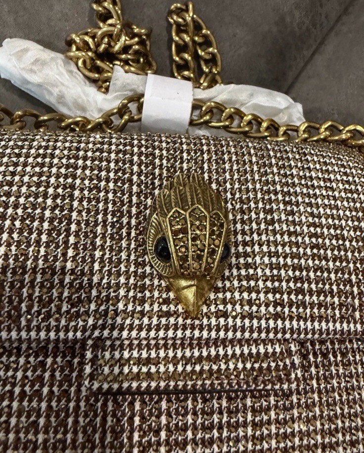 New Kurt Geiger Structured Tweed Shoulder Bag with Gold Chain – Brown & Gold