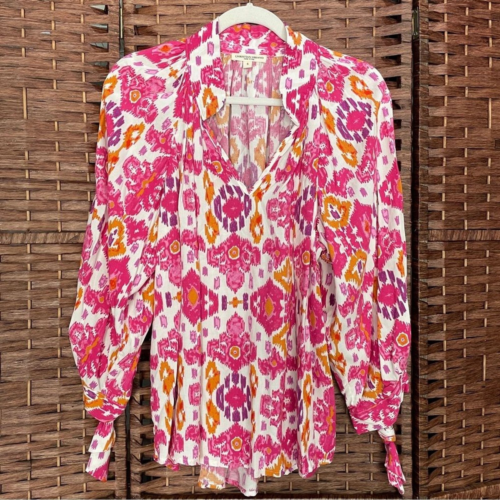 Christian Siriano Pink Ikat Tie-Sleeve Blouse 3/4 Sleeve, Boho Dopamine Retro, S