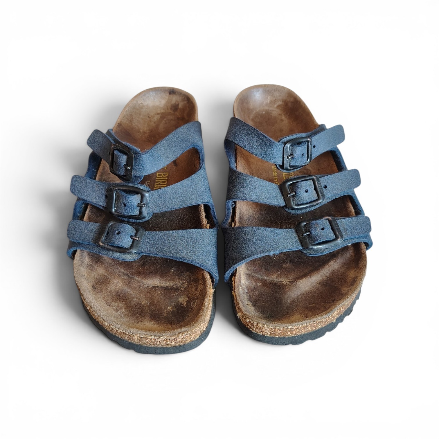 Birkenstock Men’s Blue Leather 3-Buckle Slide Sandals Cork Insole US 6
