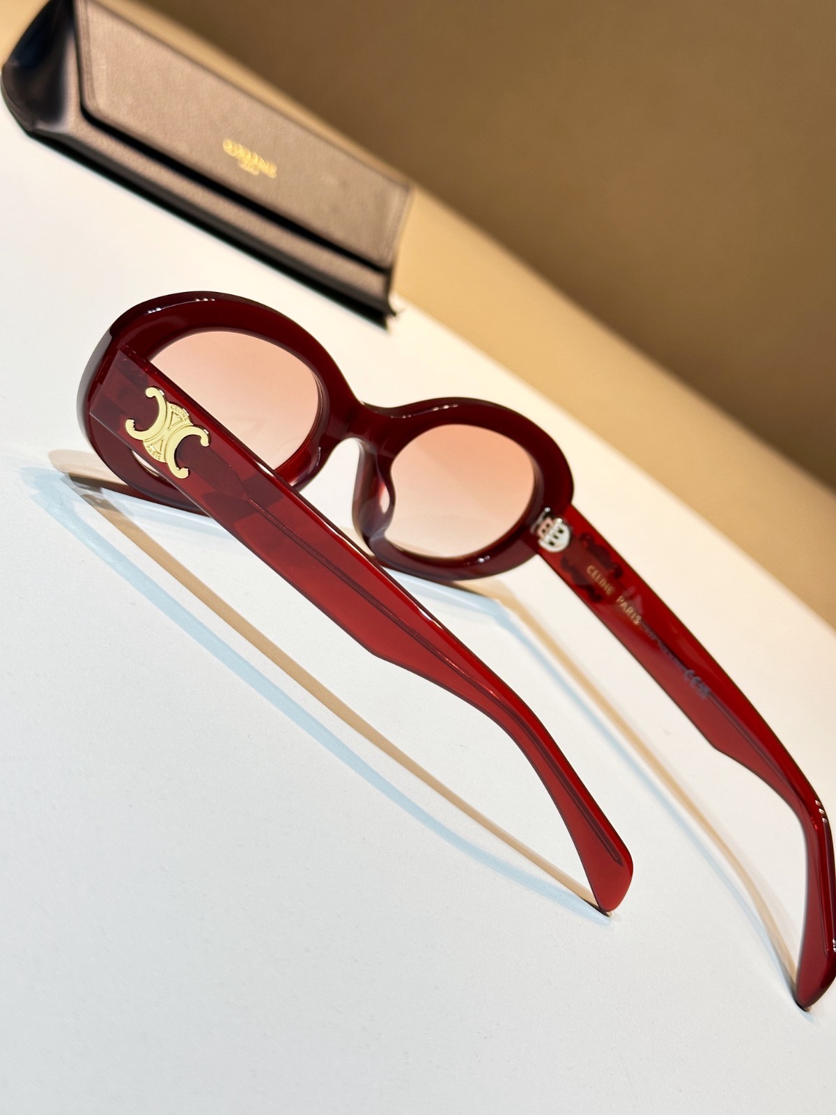 Celine Triomphe Oval Sunglasses Burgundy Red Acetate Gold Logo Designer