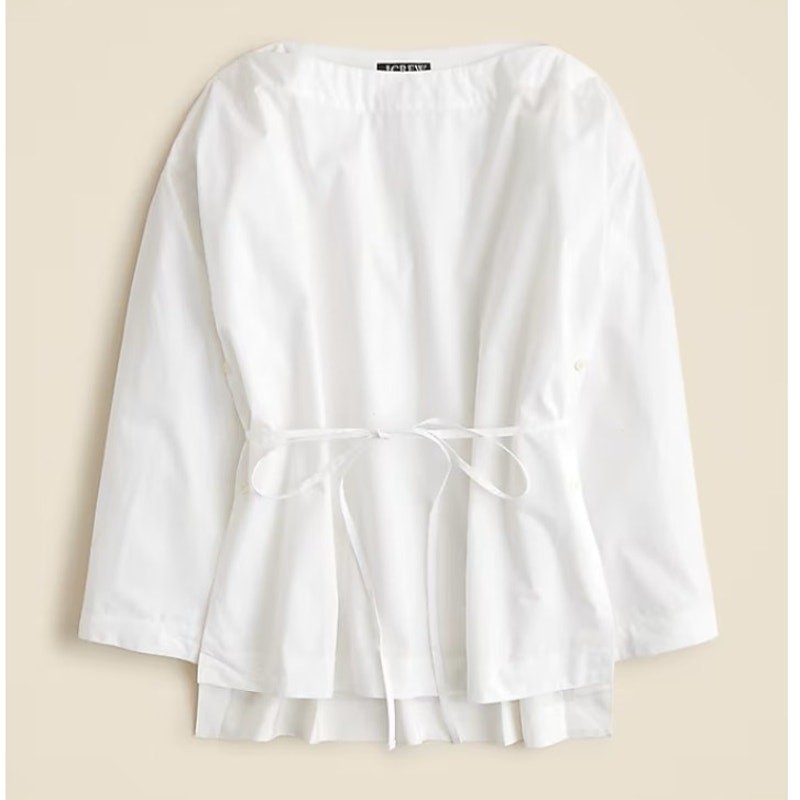 J.Crew Ciel Top WMNS M White Poplin Boatneck Side Button Waist Tie Long Sleeve