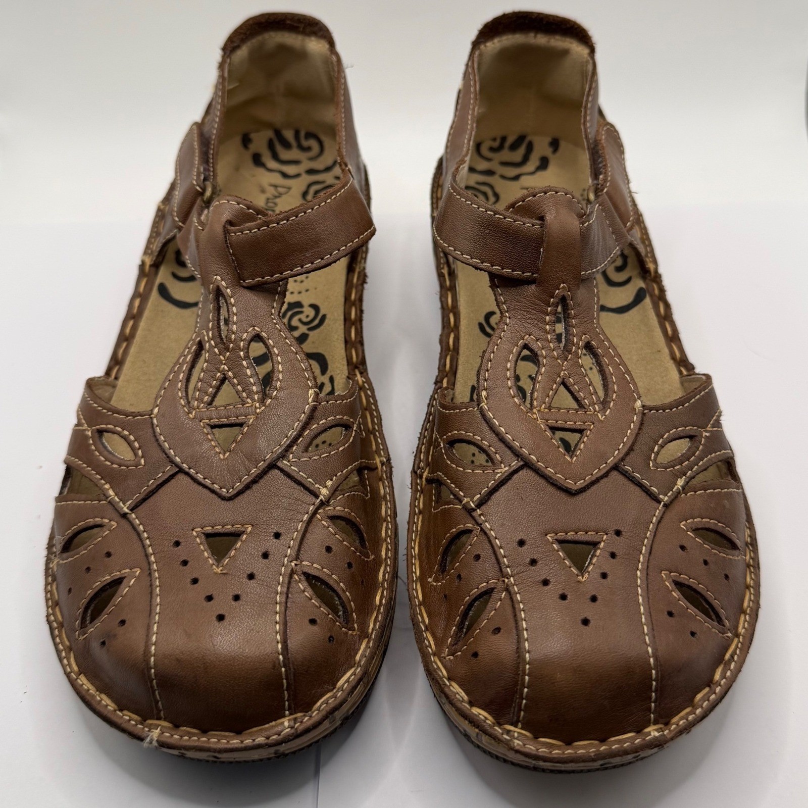 Propet Brown Leather Laser Cut Mary Jane T-Strap Comfort Flats Womens 8.5