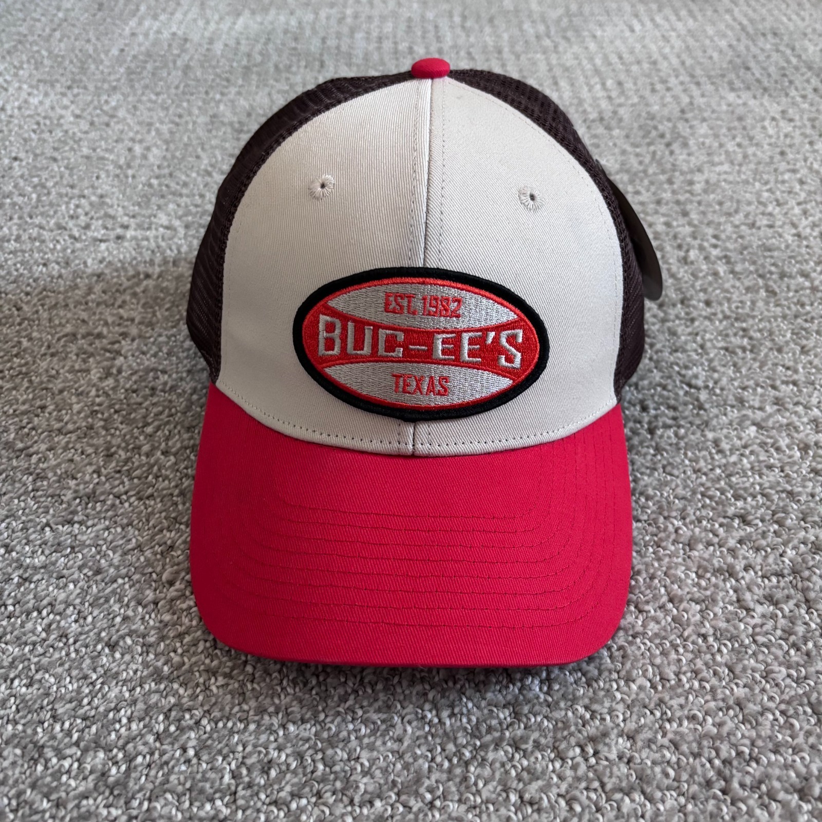 NWT Buc-ees Trucker Hat Cap Est 1982 Texas Red White Brown Mesh Snapback