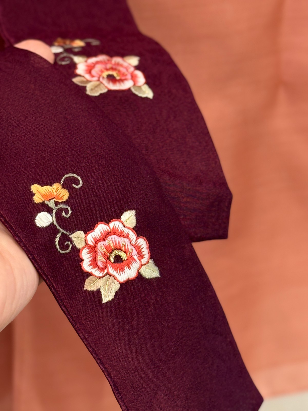 Korean Traditional Hanbok Set Pink Rose Gold Sheer Embroidered w/ Bag Norigae