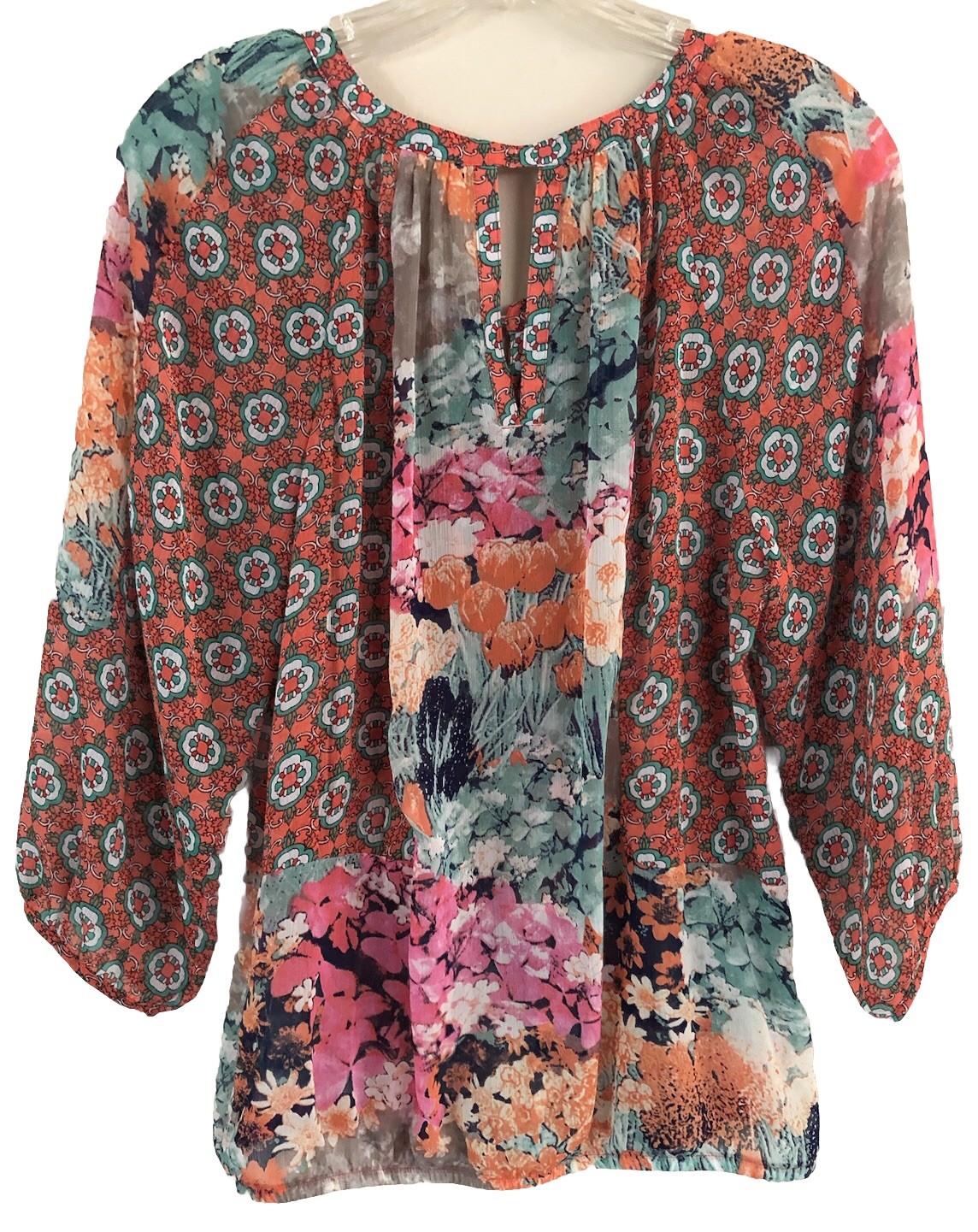 Fig and Flower Women’s Sheer Boho Top S Pink Floral Elastic Sleeve & Hem