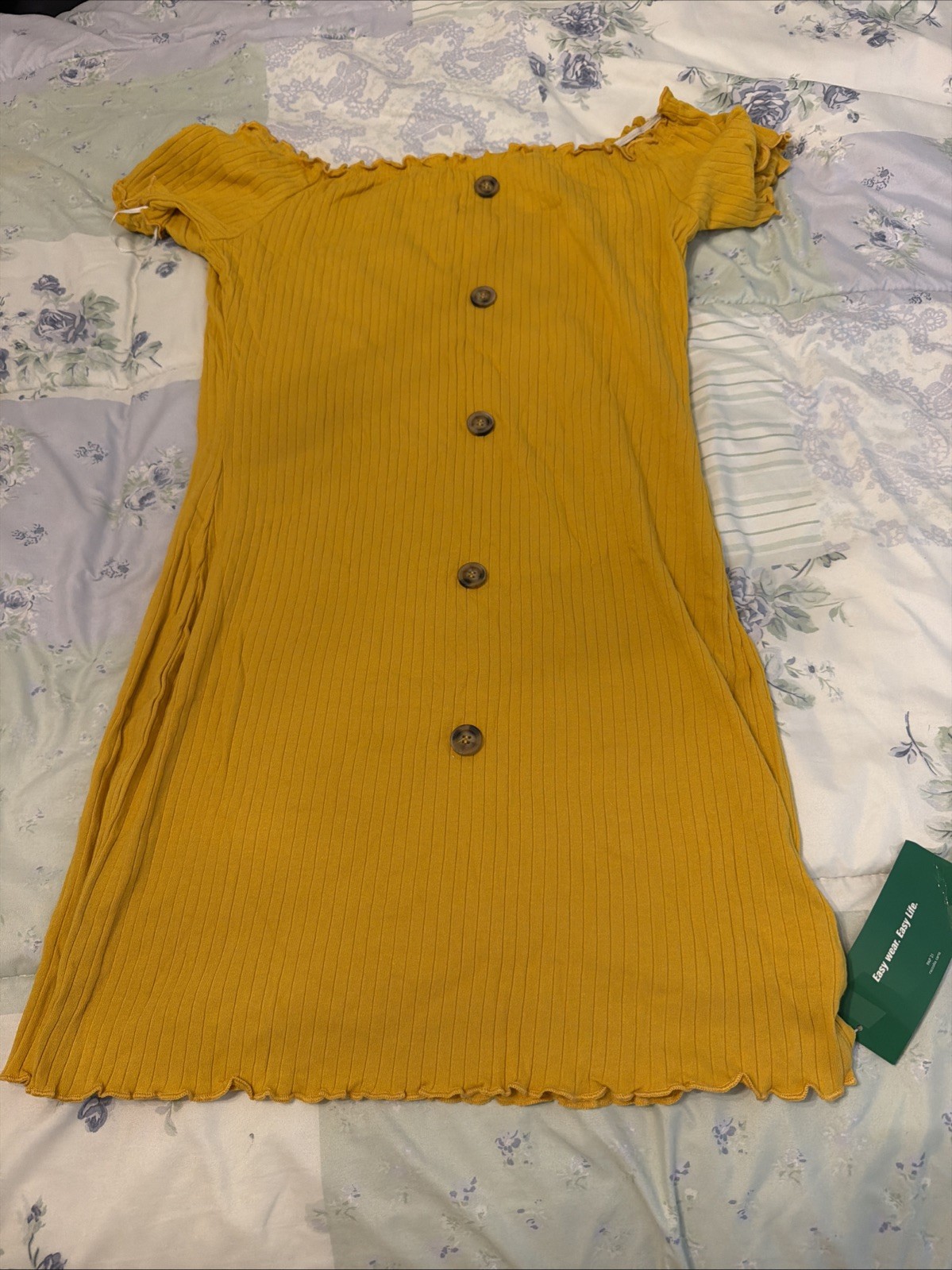SHEIN EZwear Women’s XL Mustard Yellow Ribbed Off Shoulder Button Front Top