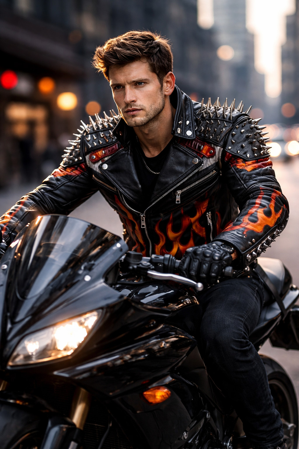 🔥 Men’s Studded Black Leather Biker Jacket Flame Design Punk Rock Motorcycle