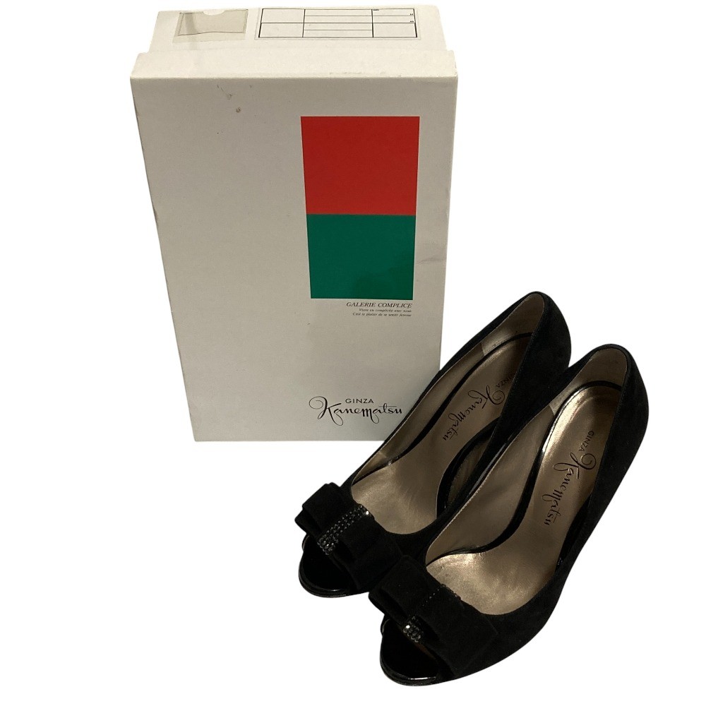 Ginza Kanematsu Suede Ribbon Open-Toe Pumps, Size 9.3, Black Women USED