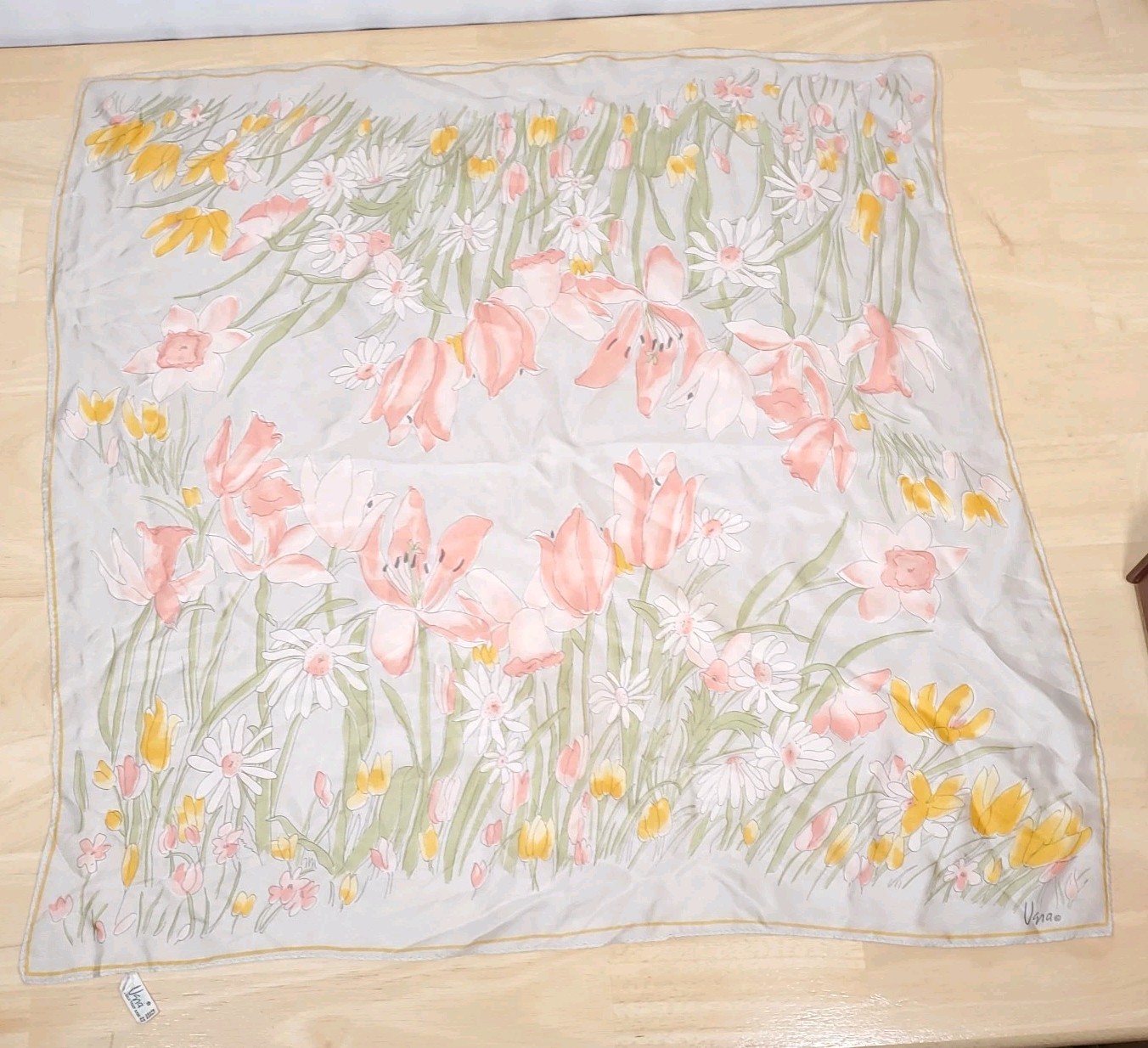 Vtg VERA 100% Silk Scarf Yellow Floral 30” x 31” Made in Japan Ivory Pink