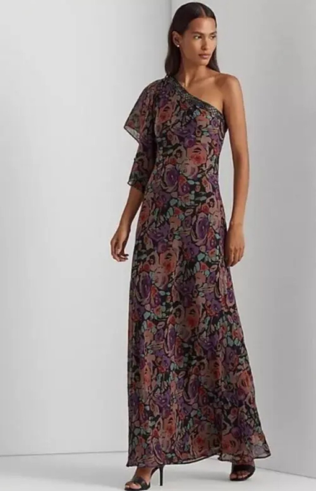 with tags Lauren Ralph Lauren Floral Crinkle Georgette One Shoulder Dres G2U