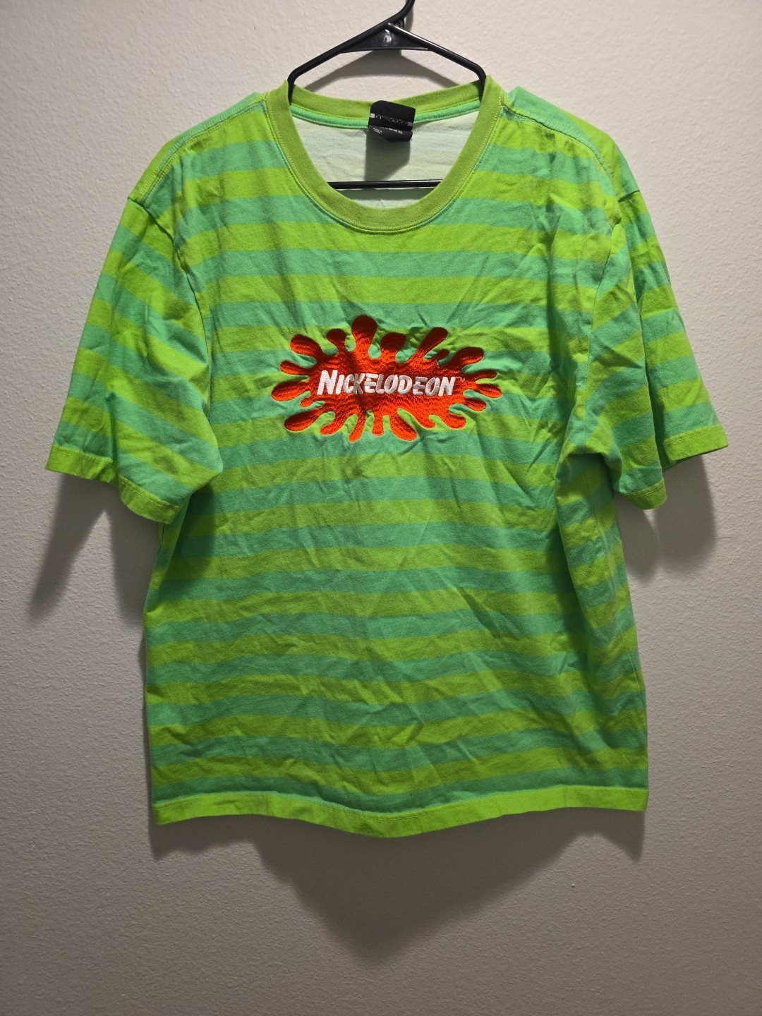 Nickelodeon Splat Logo Green Striped 90s Crewneck T-Shirt Large B8