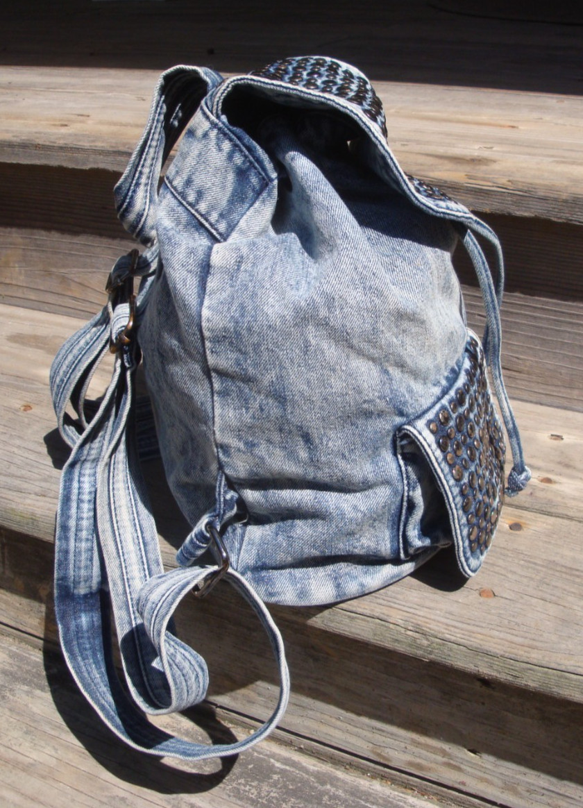 STREET LEVEL Denim Backpack Studded Boho Hobo Hippie Biker School Sling Bag Tote