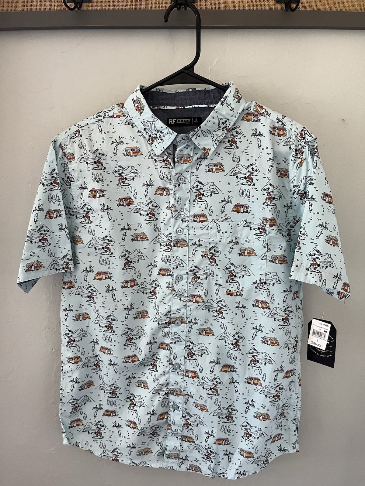 RF Brand Short Sleeve Button Up Shirt Mens Cotton Sz S Blue Camping Hipster Top