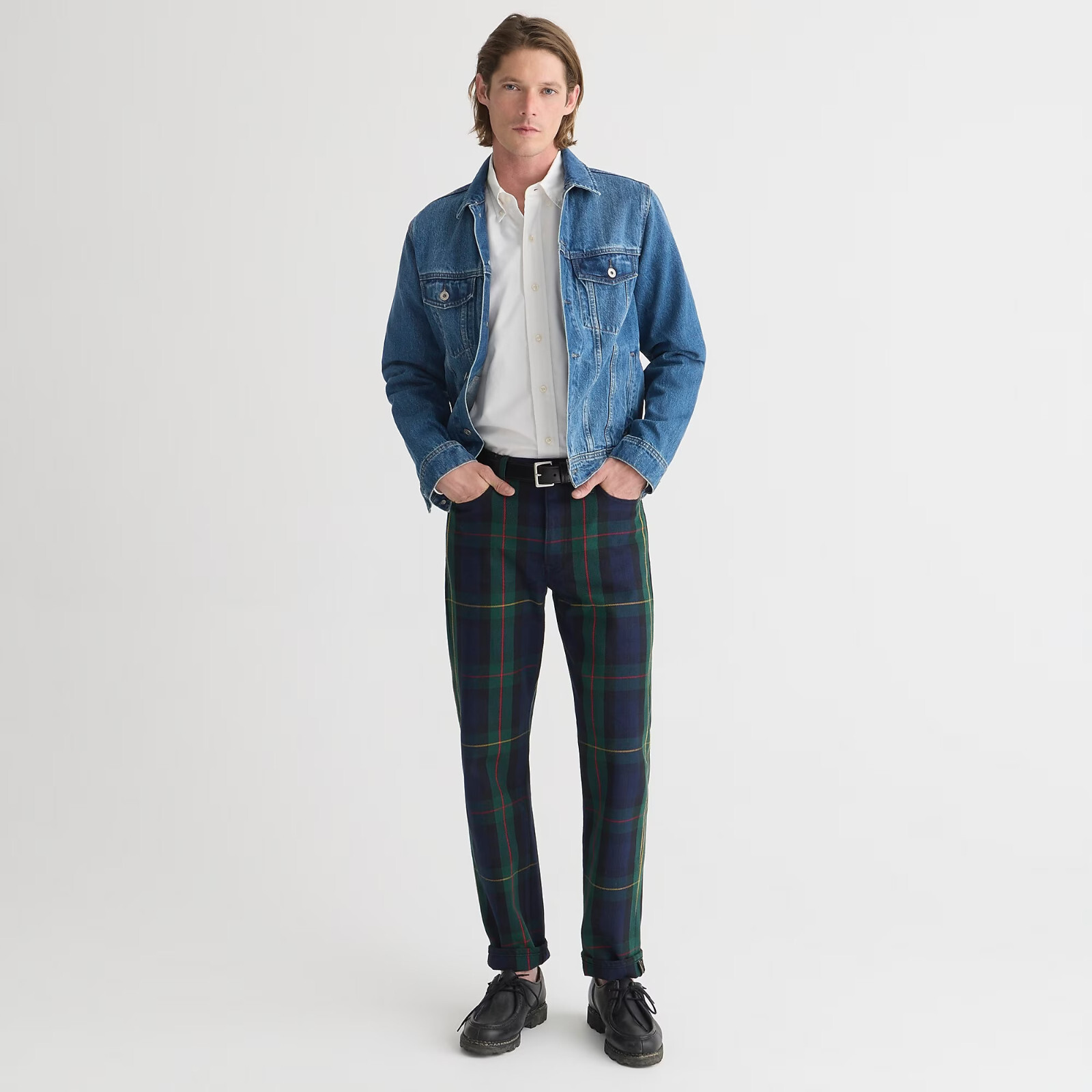 NWT $168 J Crew Five-Pocket Blue Green Tartan Plaid Denim Pants, Straight Jeans