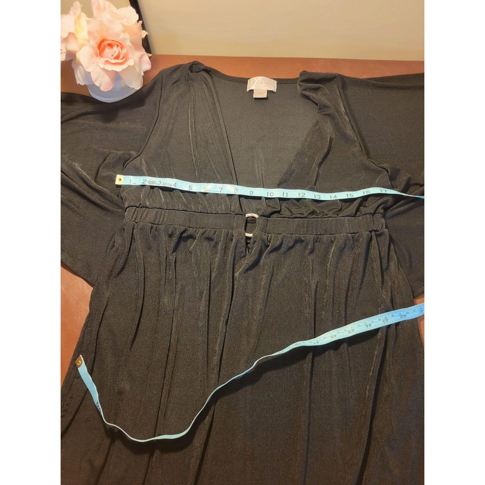 J. Valdi batwing Sleeve Tunic Top Black Slinky Plunge V-Neck Sheer 3/4 Sz Large