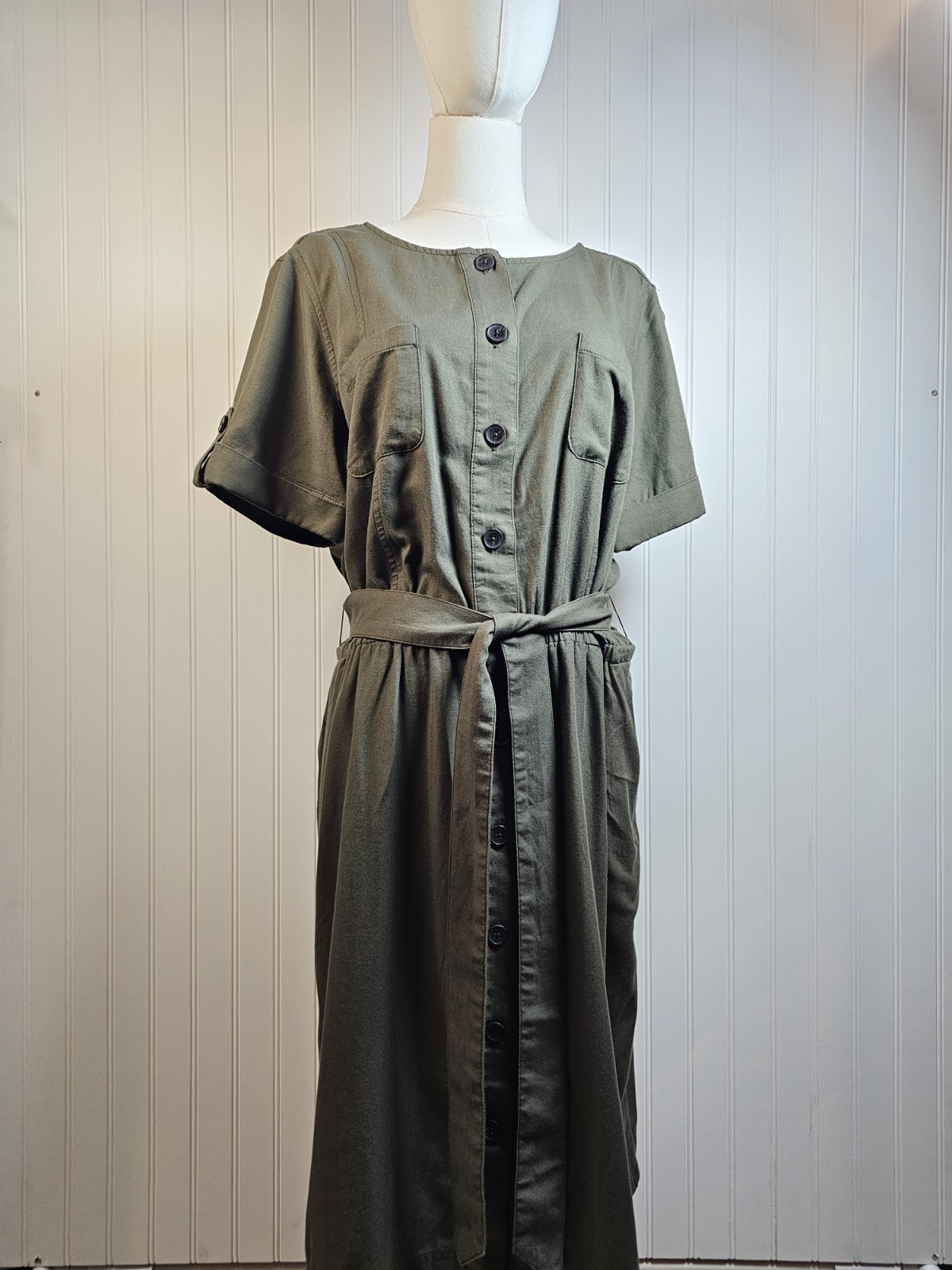 Talbots Fluid Twill Shirtdress Women’s Size 14 Army Green Safari Preppy Boho