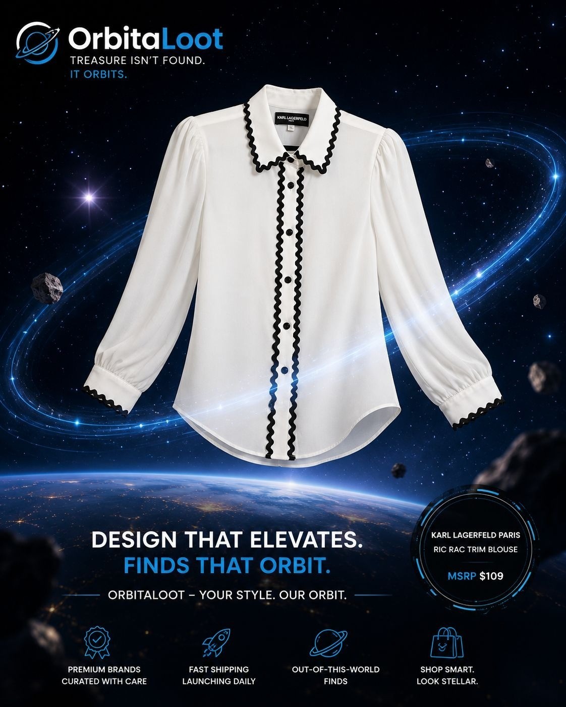 Karl Lagerfeld Paris S White Black Ric Rac Trim Button Blouse NWT MSRP $109