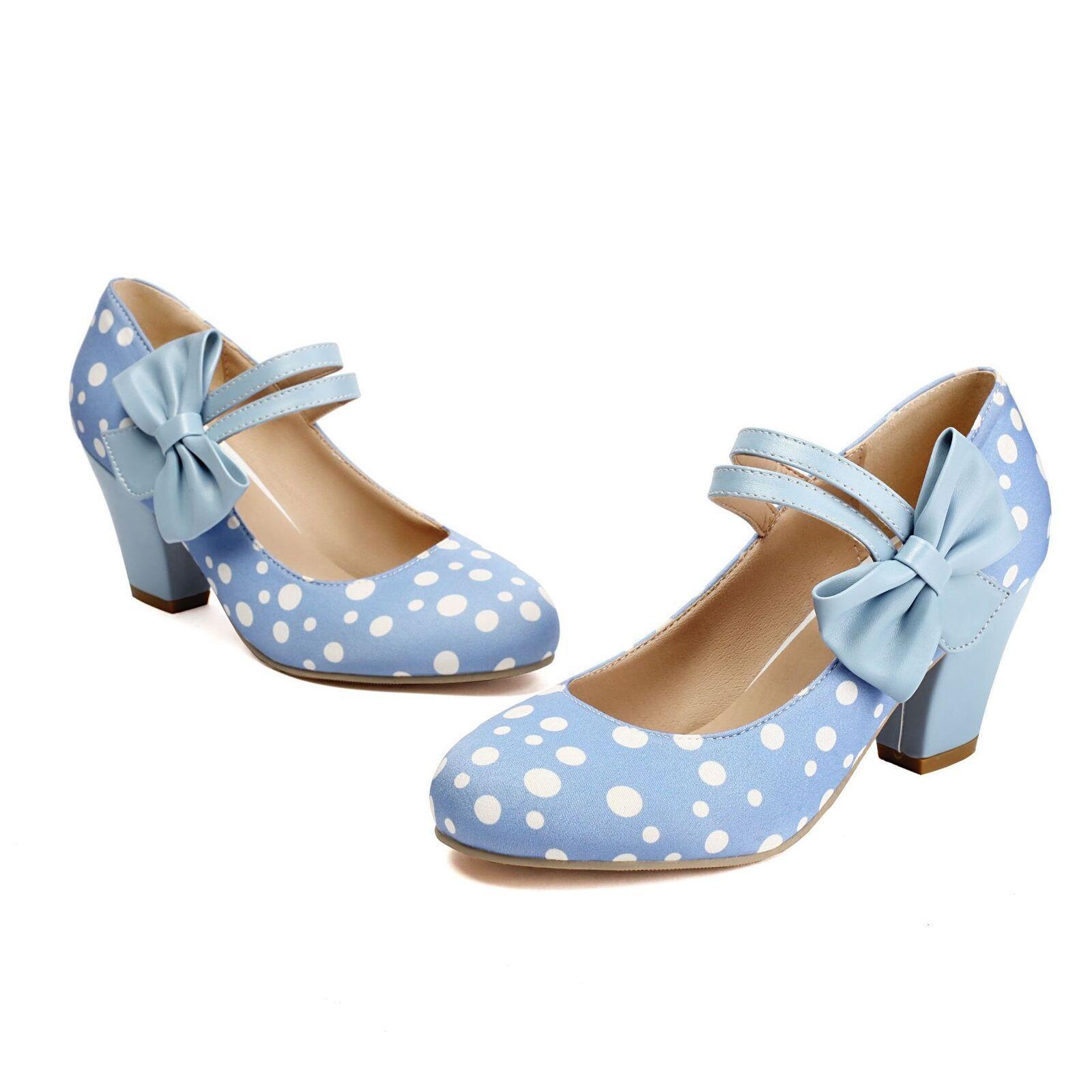 Women’s Bowknot Polka Dot Mary Jane Sweet Dress Party Casual High Heels OL Shoes