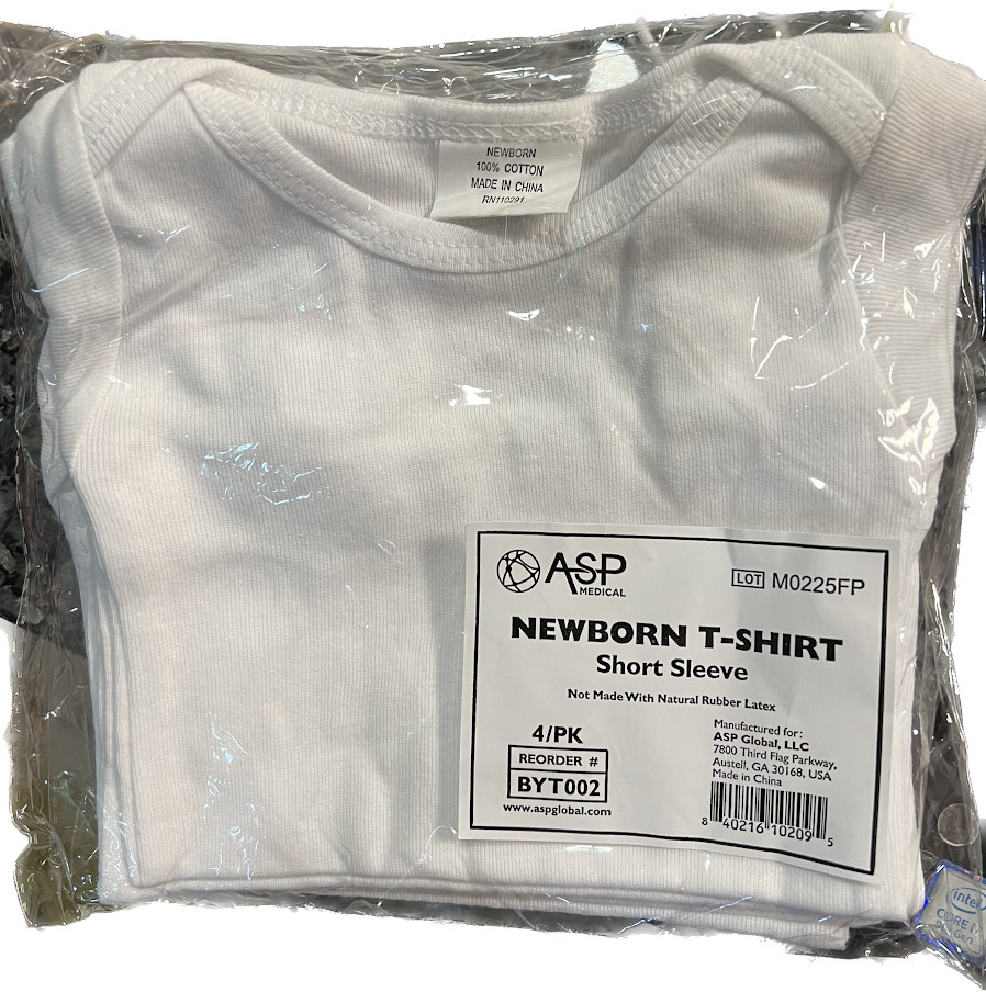 ASP Medical #BYT002, Newborn T-Shirt Short Sleeve, White, 4/pk
