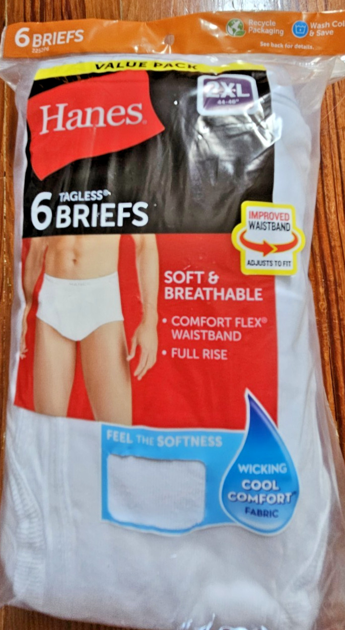 HANES TAGLESS 6 BRIEFS 100% cotton flex waistband full rise men 2XL breathable