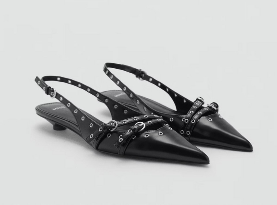 NEW MANGO MNG BLACK GROMMET KITTEN HEEL POINTED TOE SLINGBACK SHOES SZ 38 US 7.5