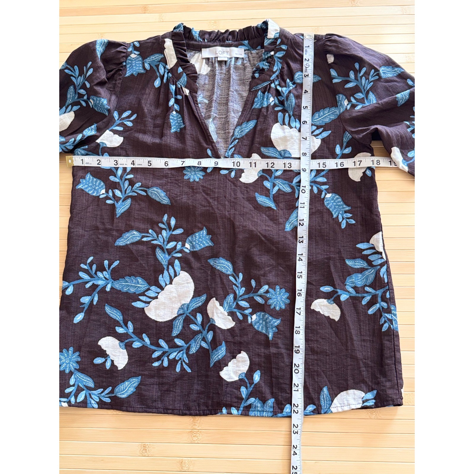 Loft Petites Oversized Easy Fit Floral Top Brown Blue Ruffle Neck XXSP