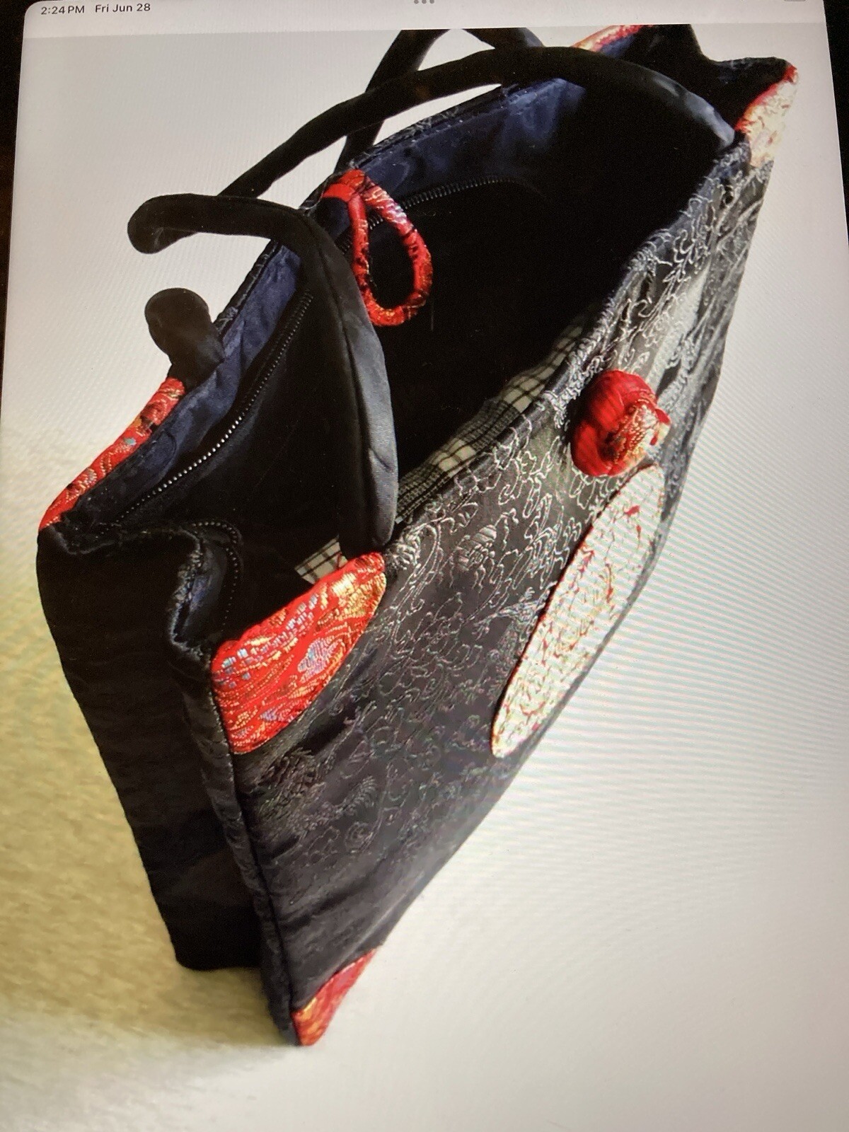 Oriental Tote Handbag Silk Embroidered Red On Black Asian Style
