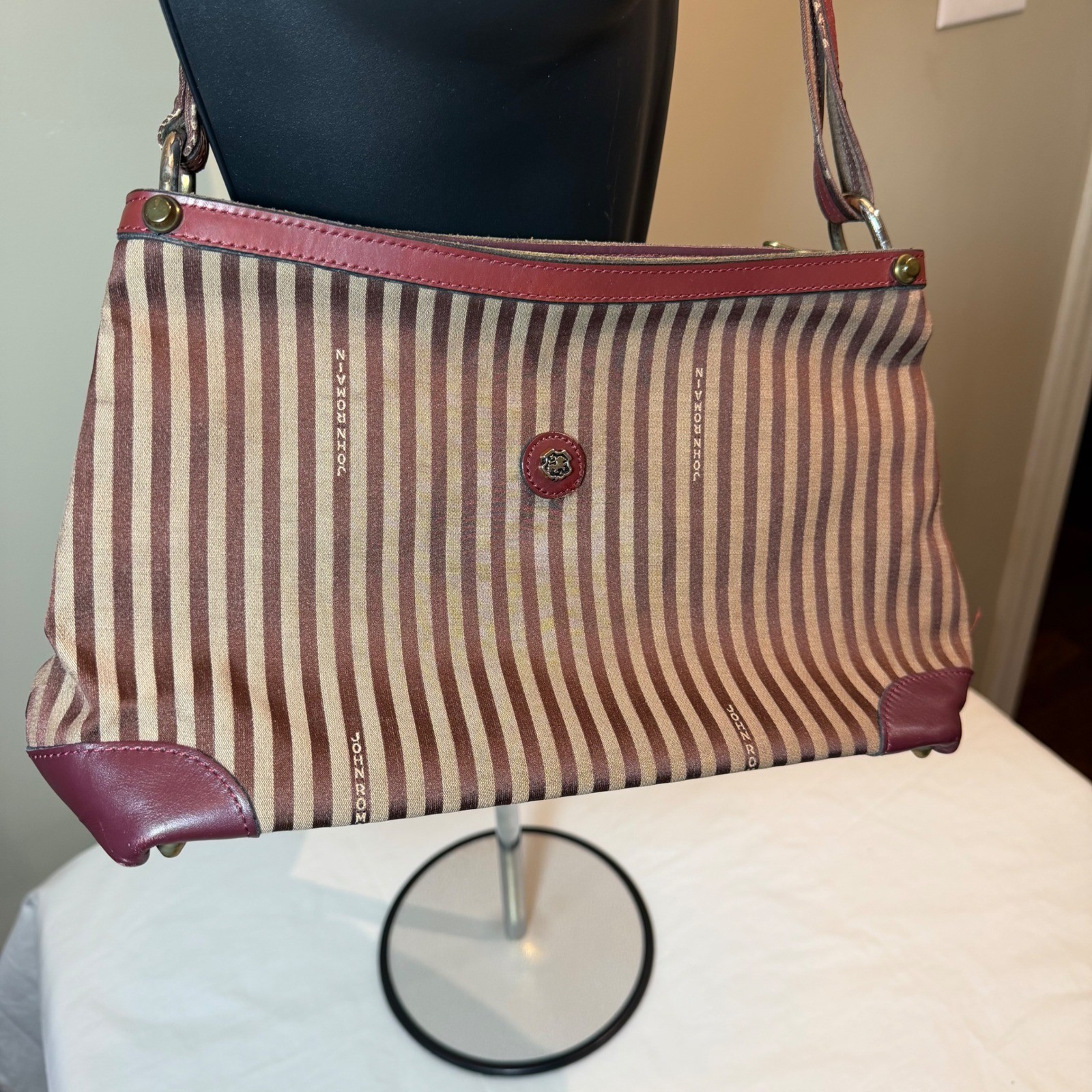 Vintage John Romain Striped Crossbody Bag Brown Burgundy Leather Trim Lion Crest