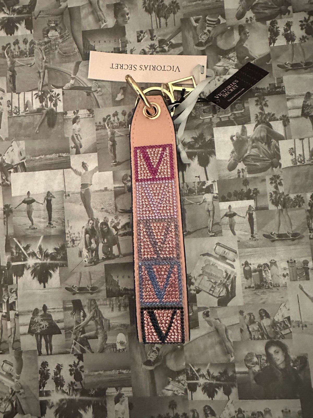 NWT Victoria’s Secret Rhinestone Keychain Wristlet Strap Pink Shine V Monogram