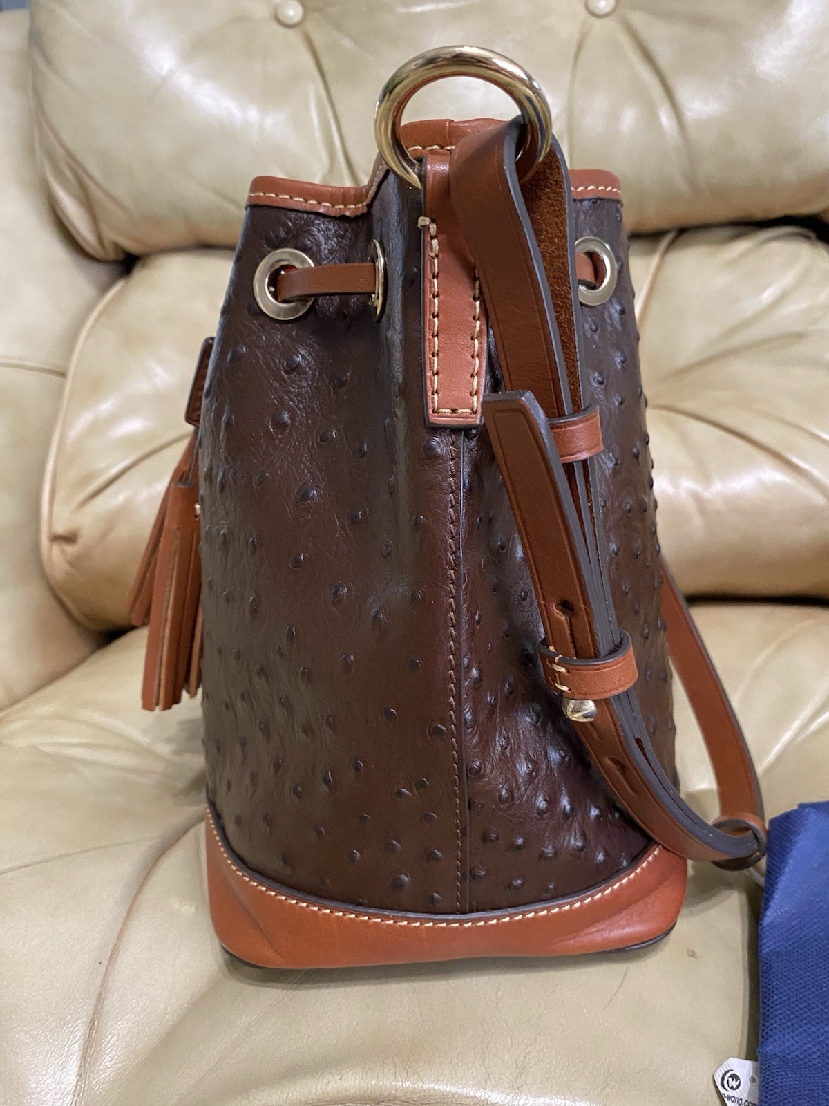Dooney & Bourke Ostrich Small Drawstring Shoulder Bag Leather Bucket