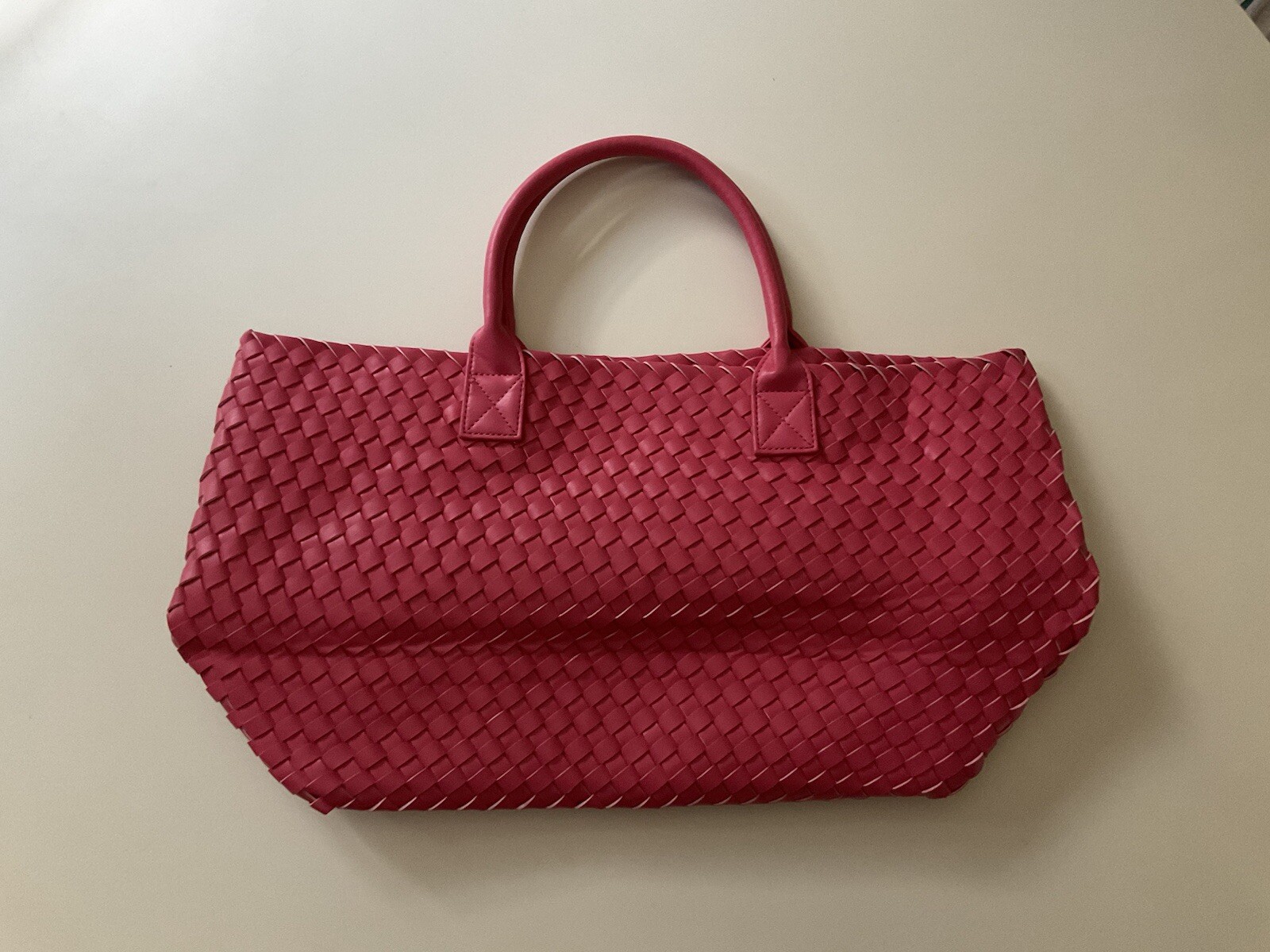 NEW Woven Faux Leather Large Tote Bag Braided Vegan Leather Dark Raspberry Pink