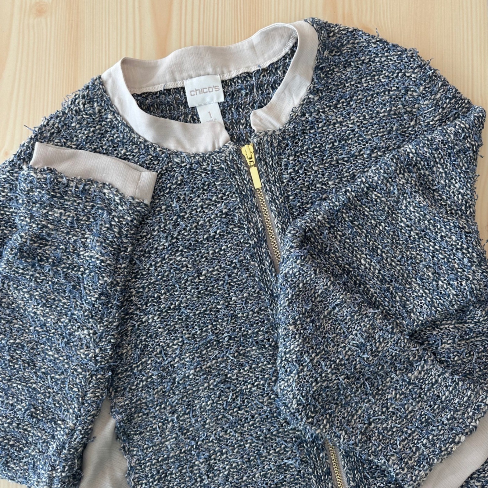Chico’s Blue Metallic Linen Blend Knit Gold Zip Front Jacket Sz 1 Career Casual