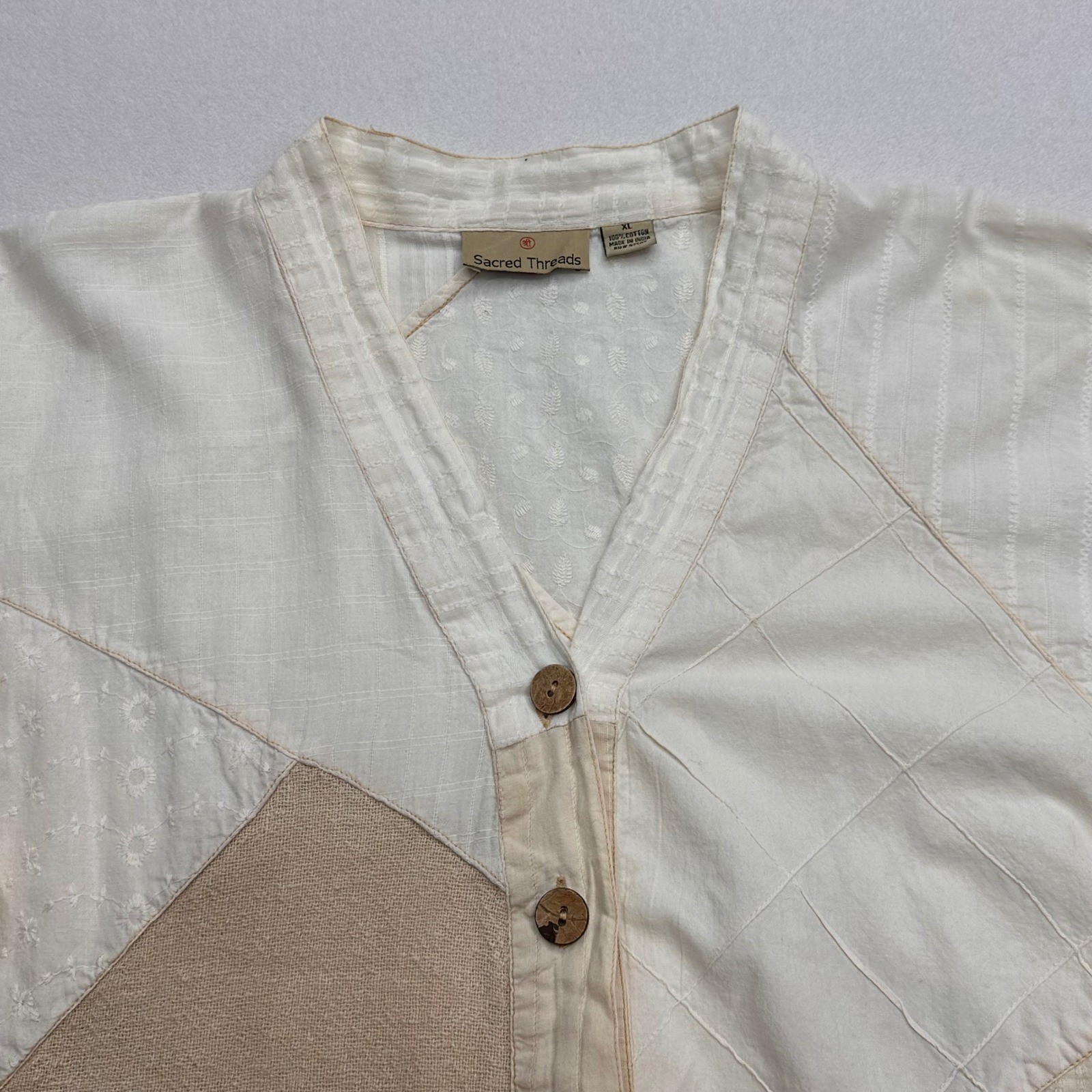 Sacred Threads Womens XL Patchwork Cotton Boho Summer Blouse Cream Tan Eyelet