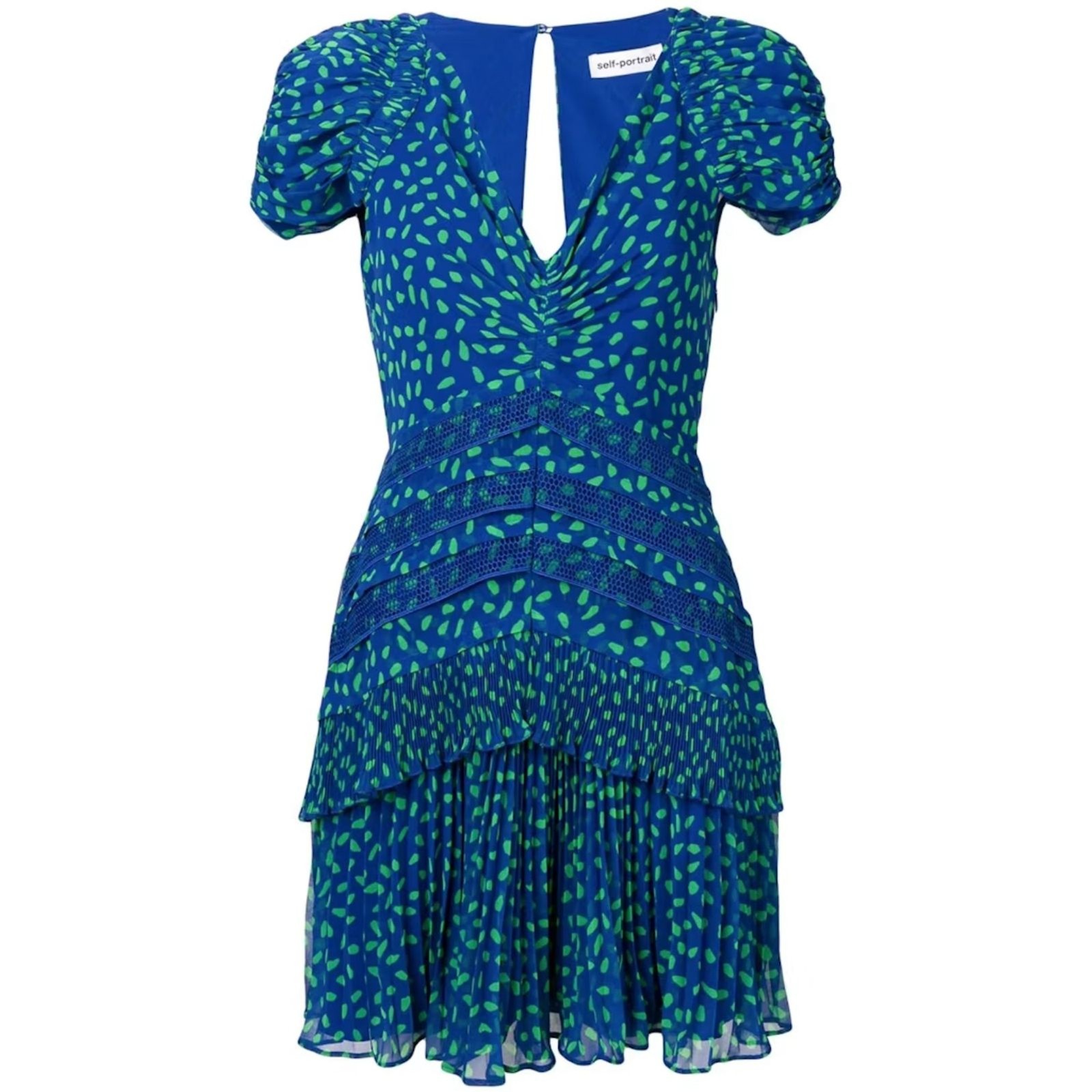 Self-Portrait Blue Green Polka Dot Printed Chiffon Tiered Mini Dress, Size 6