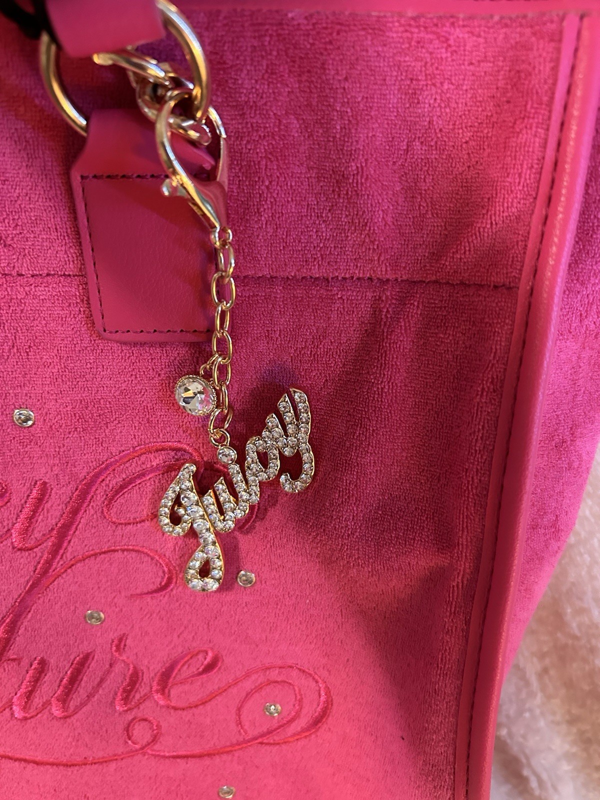 Juicy Couture Large Pink Logo Tote Zip Top Gold Chain Straps Rhinestone Charm