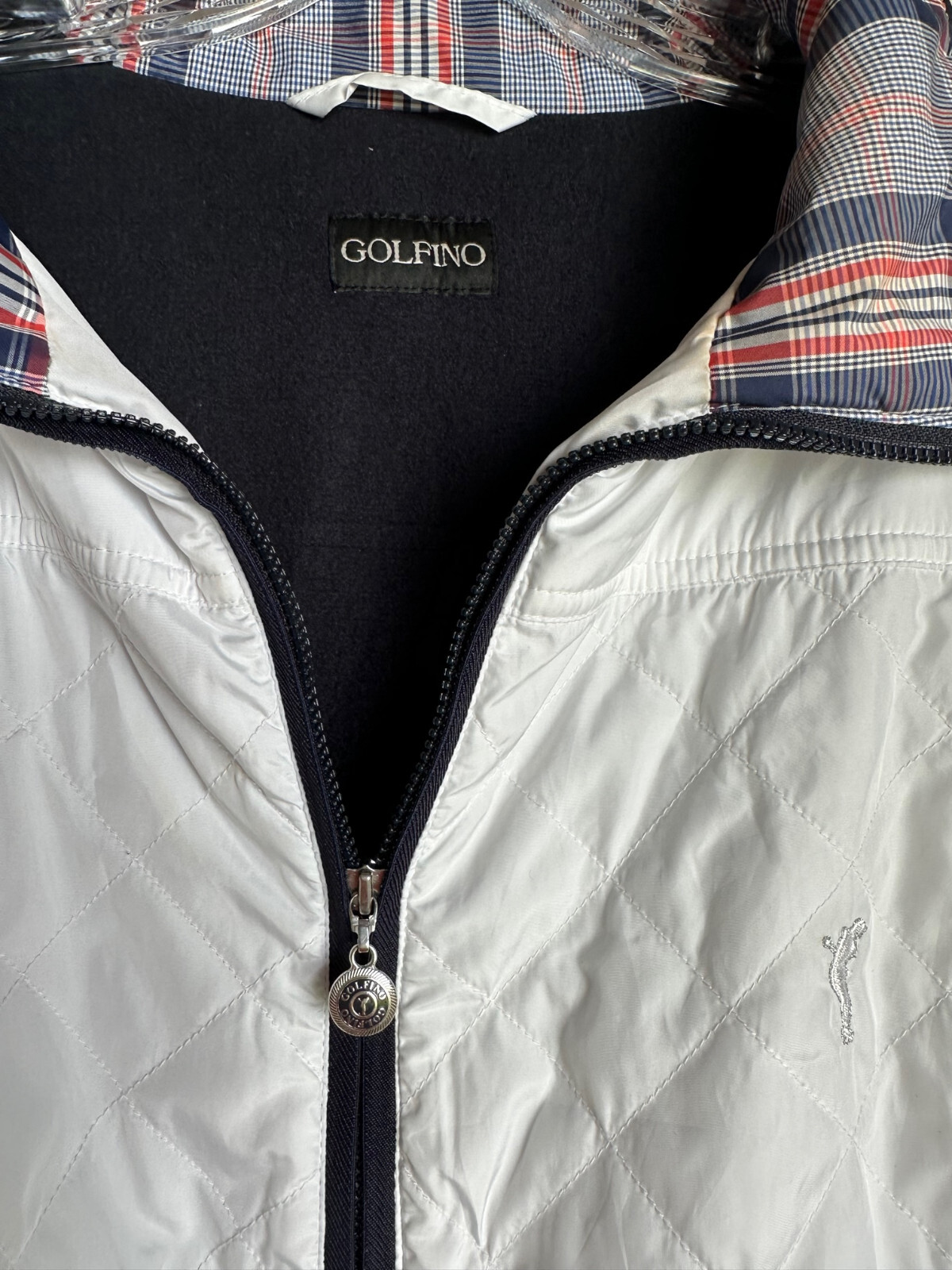 GOLFINO Soft Shell Full Zip Navy and White Jacket w/Plaid Accent – Size L