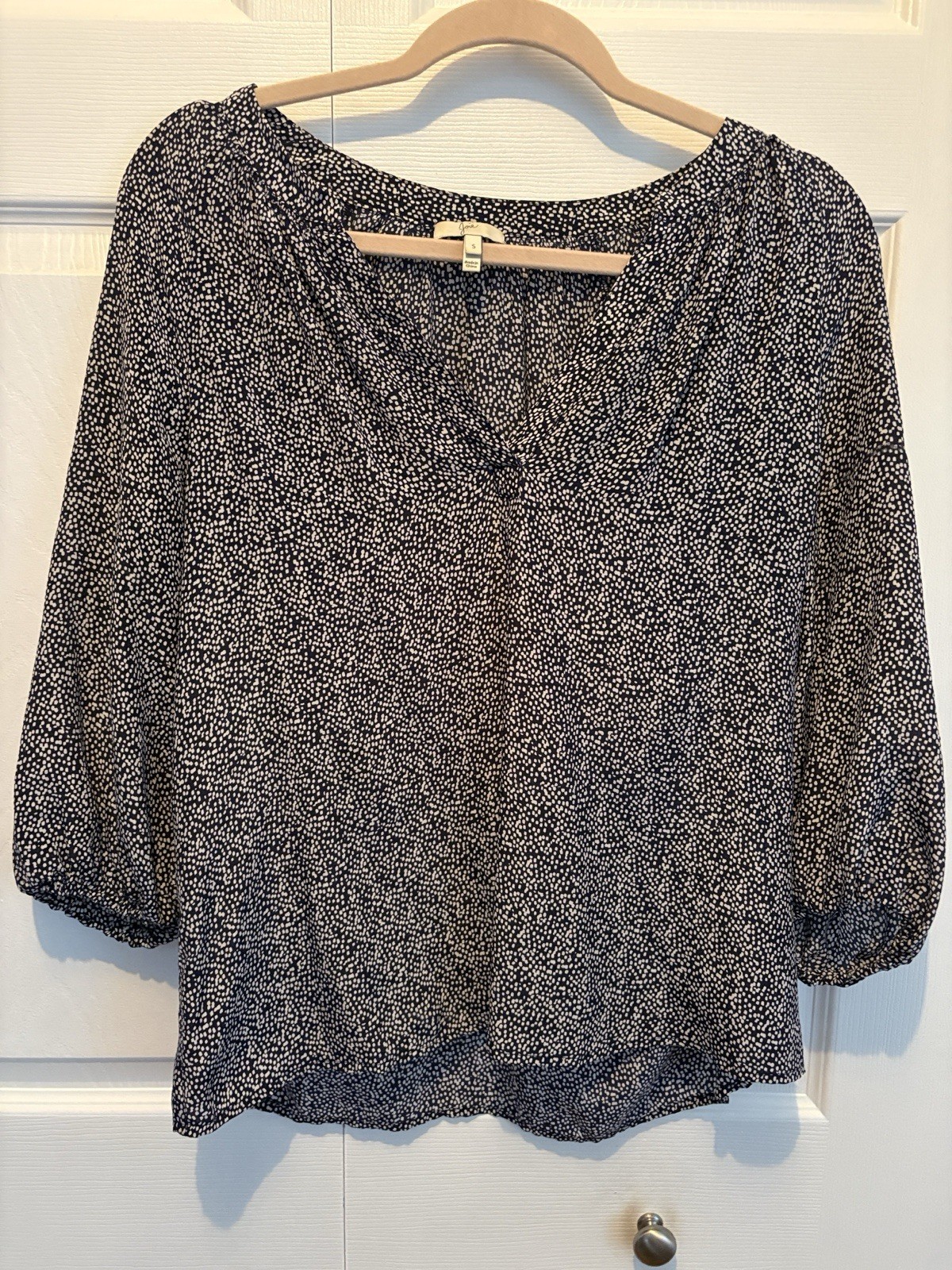 Joie Women’s S Navy/White Polka Dot V-Neck 3/4 Puff Sleeve Pullover Blouse