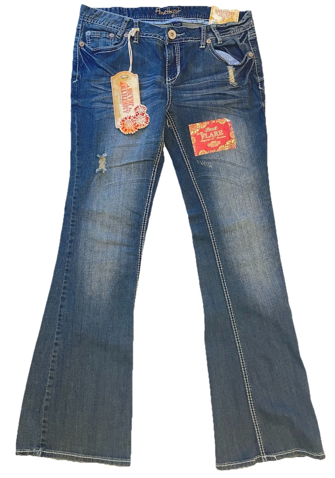 Amethyst Jeans Juniors 13 Blue Bootcut Flare Stretch Denim Dark Wash Embroidered