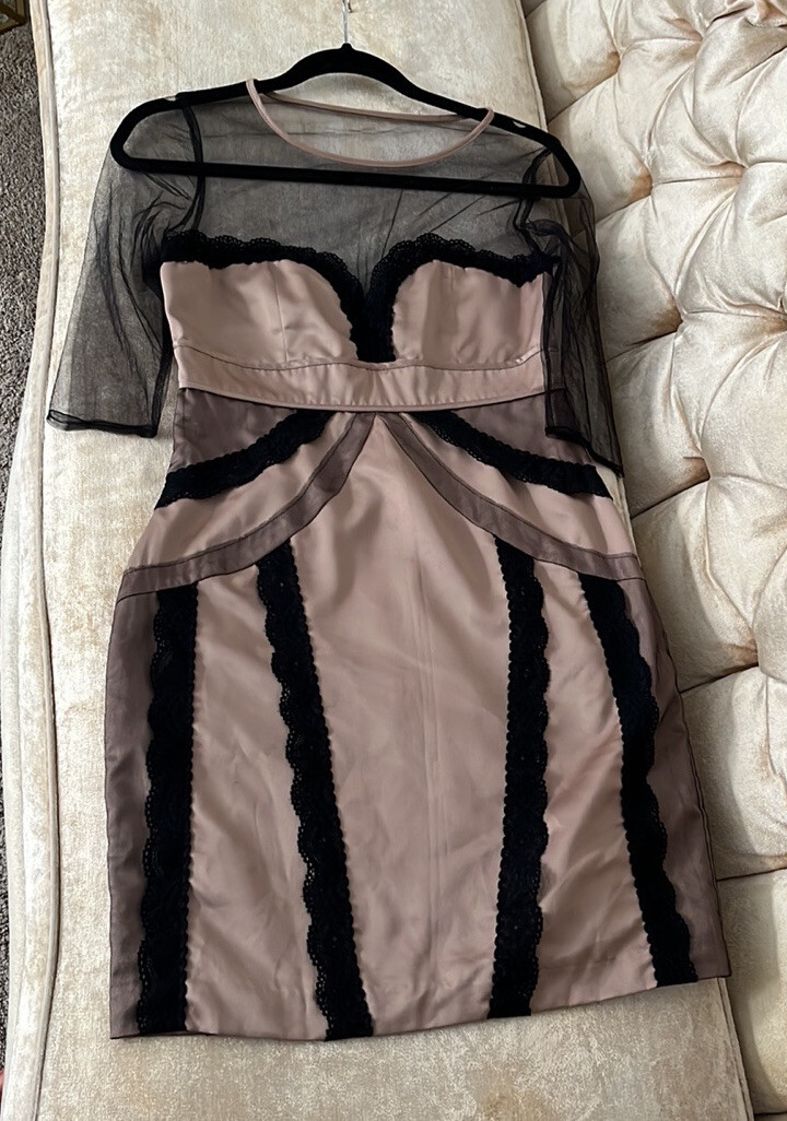 Vintage ASOS Champagne color satin, mesh and lace cocktail dress Y2K small VTG